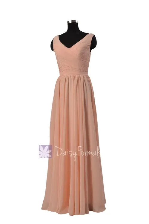 Qualty Nude Color Bridesmaid Dress Floor Length Chiffon Dress W/V-Neck(BM5196L)