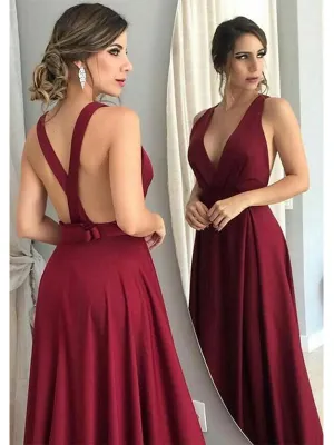 Red Deep V-neck Cross Back A-line Long Prom Dress Evening Dress, OL657
