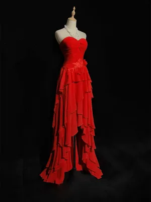 Red High Low Chiffon Layers Long Prom Dress, Red High Low Party Dress