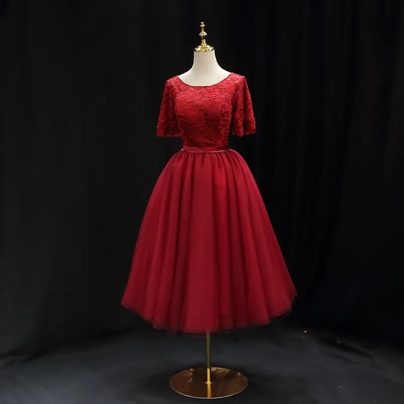 Red Lace Top Short Sleeves Tulle Tea Length Party Dress, Red Wedding Party Dress