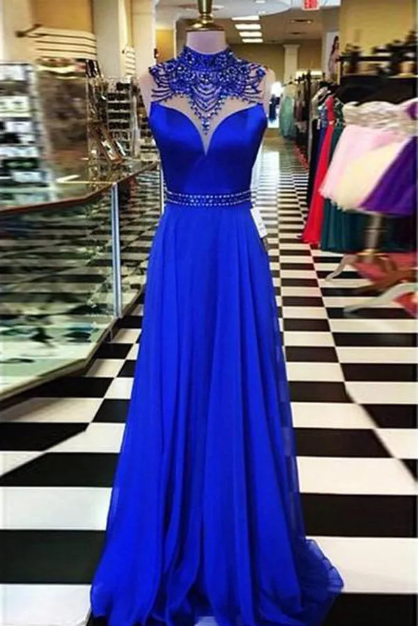 Royal Blue High Neck Long Prom Dress Evening Dresses Formal Dress with Beading, M294