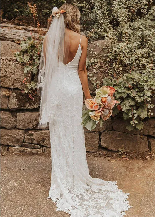 Roycebridal High Quality V-neck Spaghetti Straps Side Slit Lace Beach Wedding Dresses, MW247
