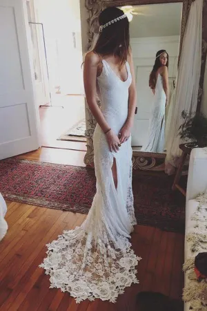 Roycebridal High Quality V-neck Spaghetti Straps Side Slit Lace Beach Wedding Dresses, MW247