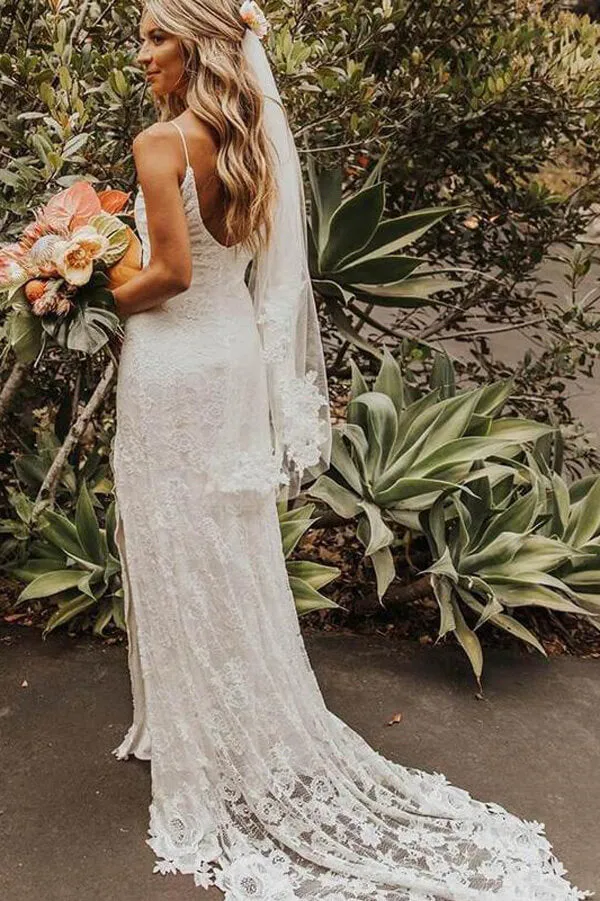 Roycebridal High Quality V-neck Spaghetti Straps Side Slit Lace Beach Wedding Dresses, MW247