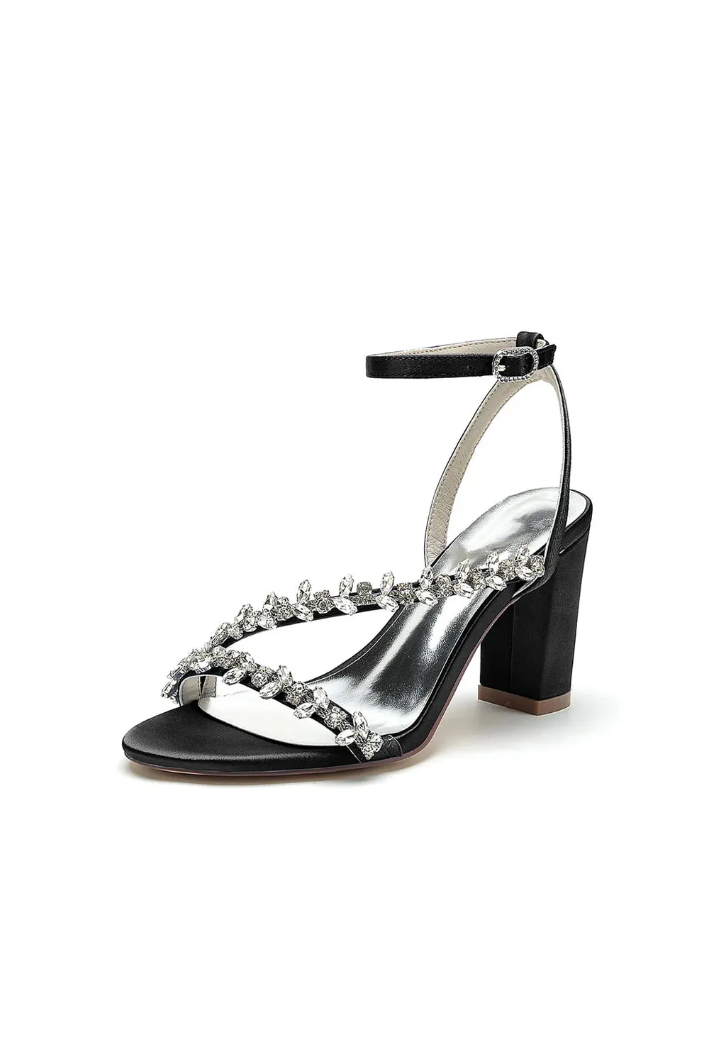 Roycebridal Rhinestone Beaded Ankle Straps Chunky Wedding Shoes