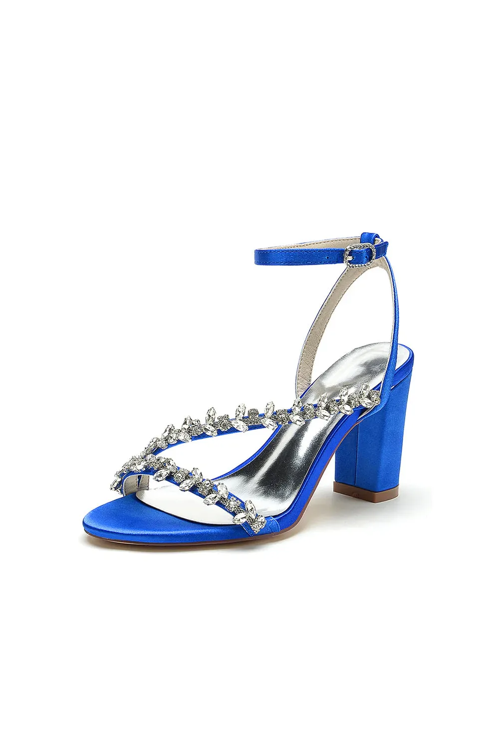 Roycebridal Rhinestone Beaded Ankle Straps Chunky Wedding Shoes