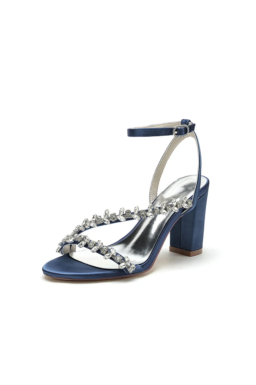 Roycebridal Rhinestone Beaded Ankle Straps Chunky Wedding Shoes