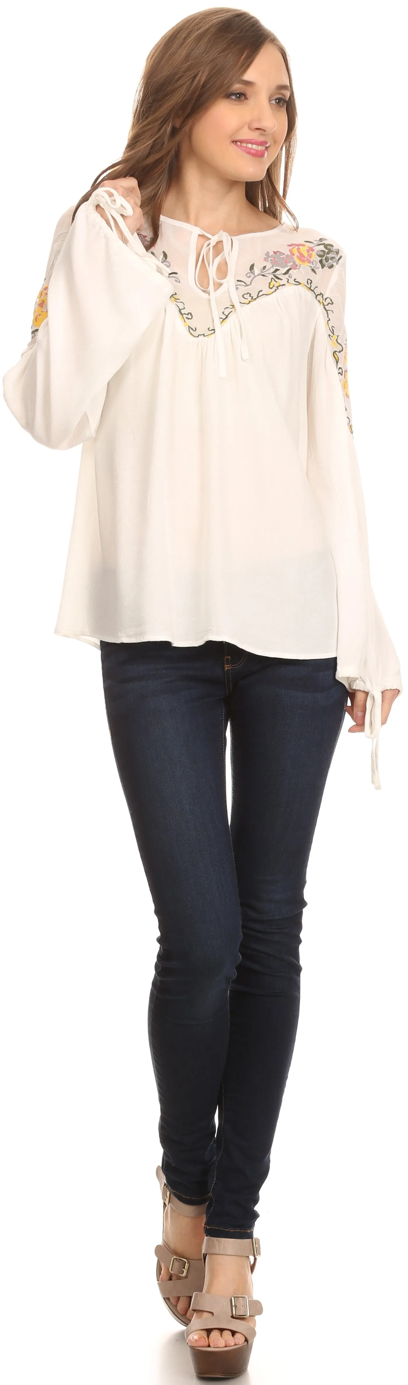 Sakkas Enya Long Sleeve Adjustable Bell Sleeve Batik Blouse Top Shirt