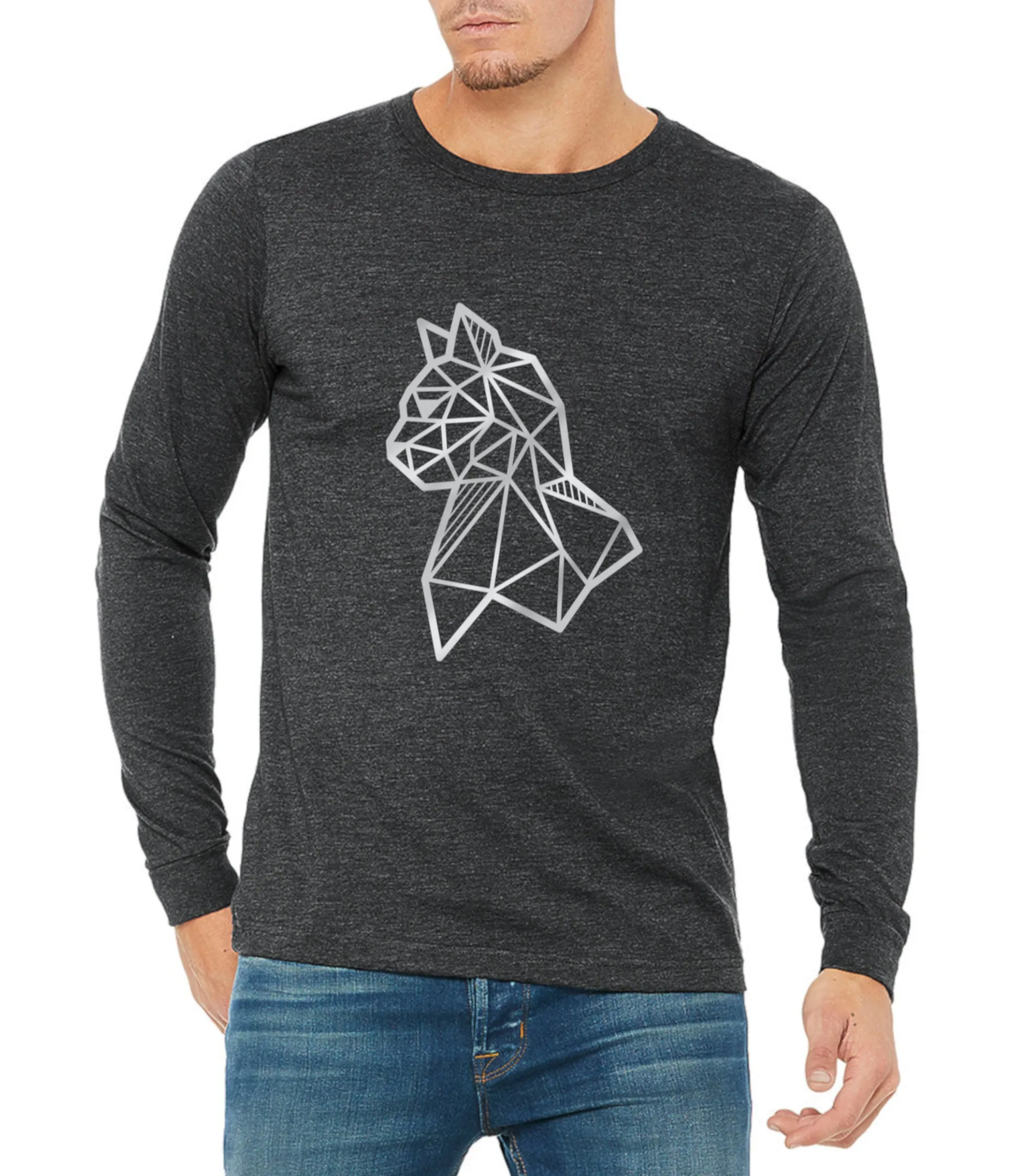 SALE: Silver Geometric Cat T-shirt: V Neck; Crew Neck; Long Sleeve