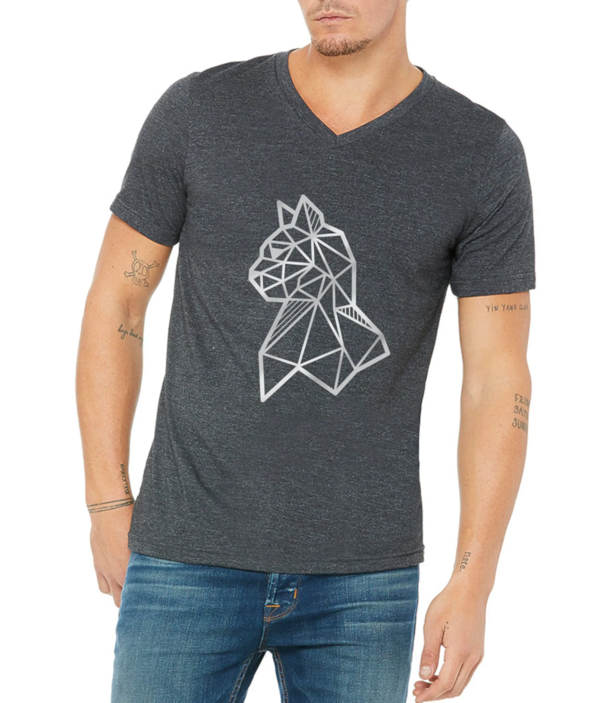 SALE: Silver Geometric Cat T-shirt: V Neck; Crew Neck; Long Sleeve