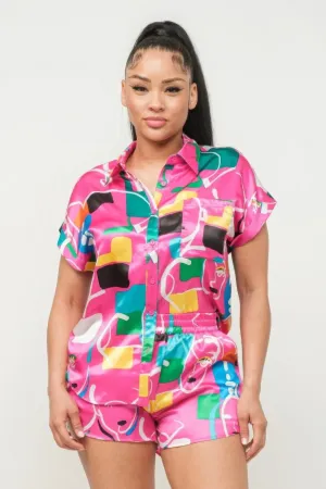 Satin Print Top And Shorts Set