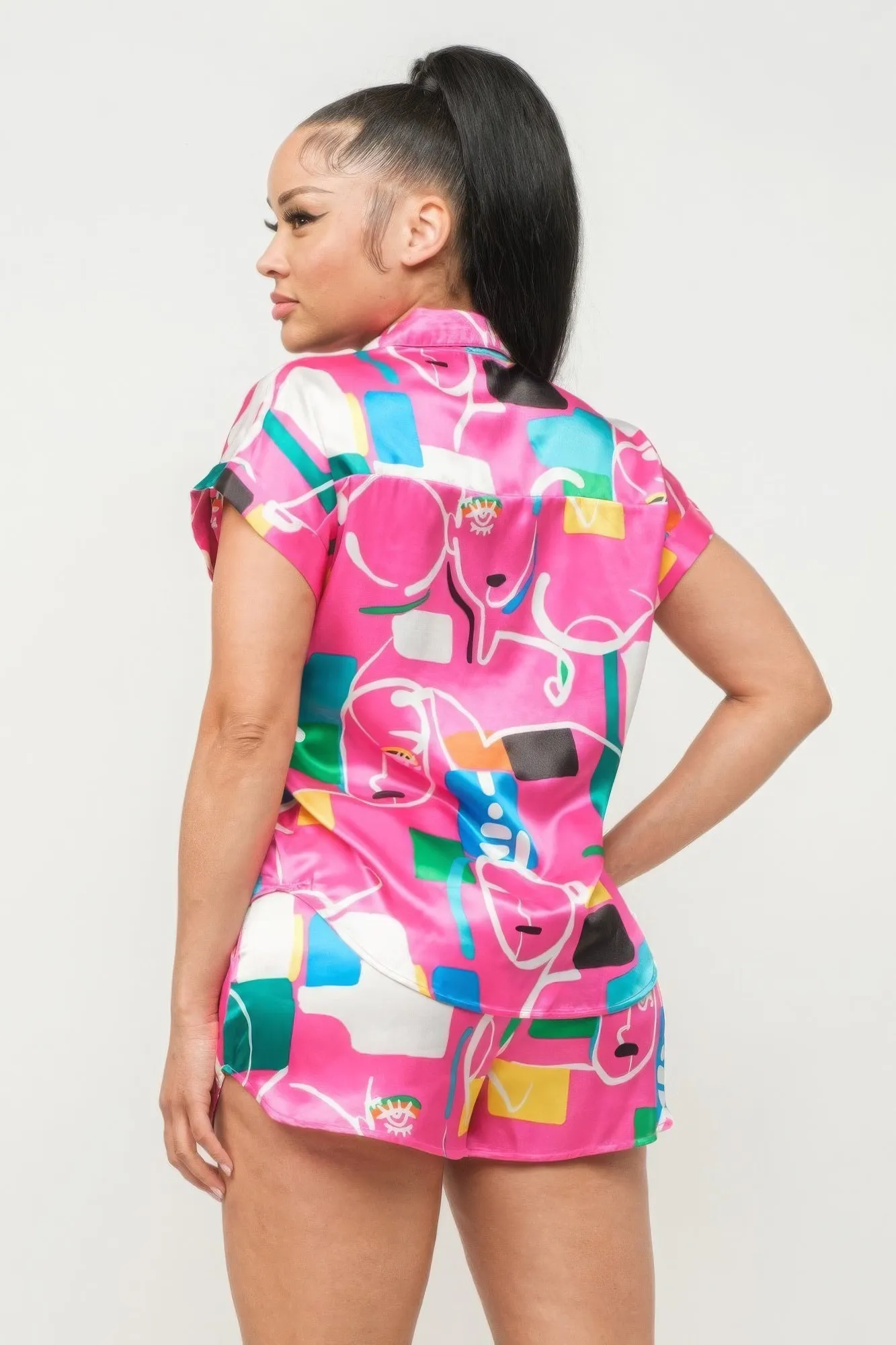 Satin Print Top And Shorts Set