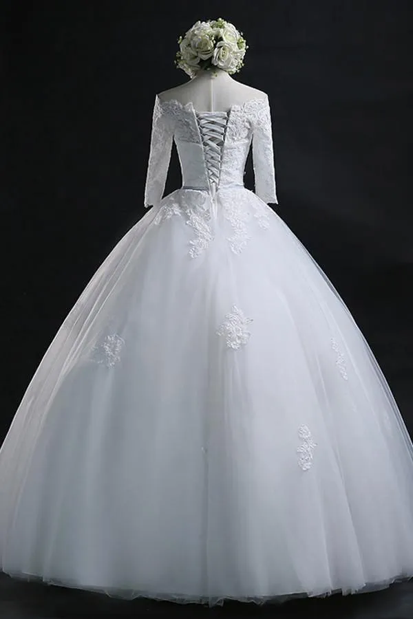 Scoop Ball Gown Bateau Long Tulle Wedding Dress With Lace WD013