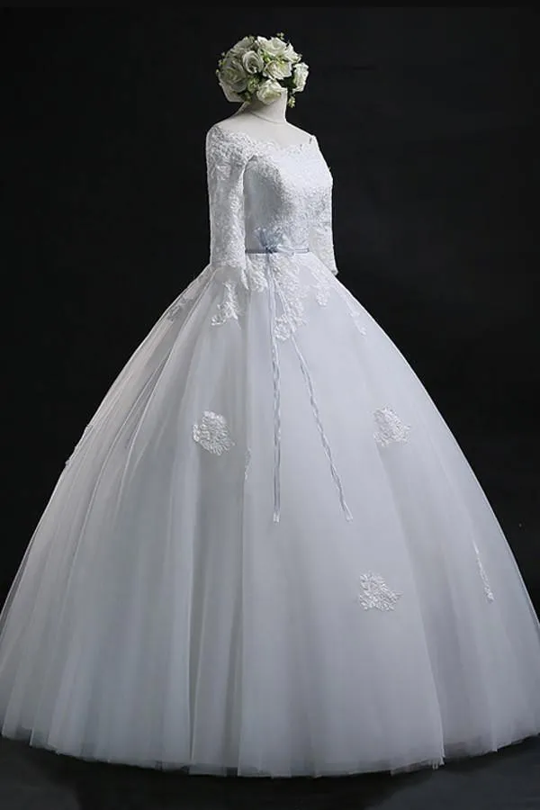 Scoop Ball Gown Bateau Long Tulle Wedding Dress With Lace WD013