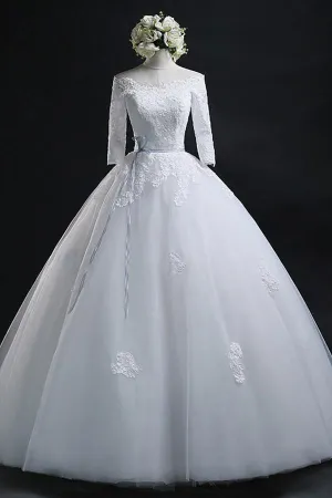 Scoop Ball Gown Bateau Long Tulle Wedding Dress With Lace WD013