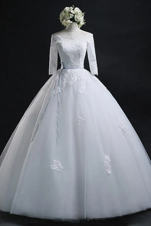 Scoop Ball Gown Bateau Long Tulle Wedding Dress With Lace WD013