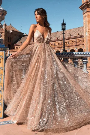 Sequins A-Line Spaghetti Straps V-Neck Evening Dress XK6142