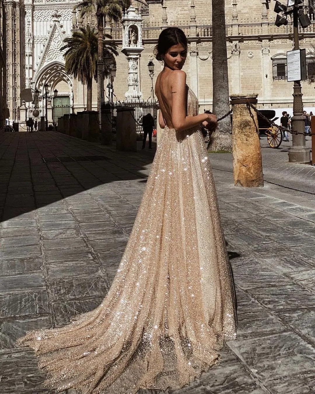 Sequins A-Line Spaghetti Straps V-Neck Evening Dress XK6142