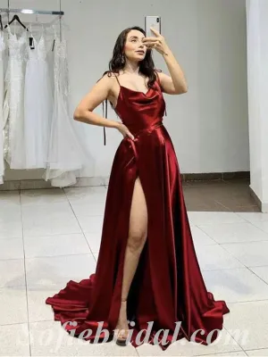 Sexy Burgandy Satin Spaghetti Sptraps Sleeveless Side Slit A-Line Long Prom Dresses,SFPD0508