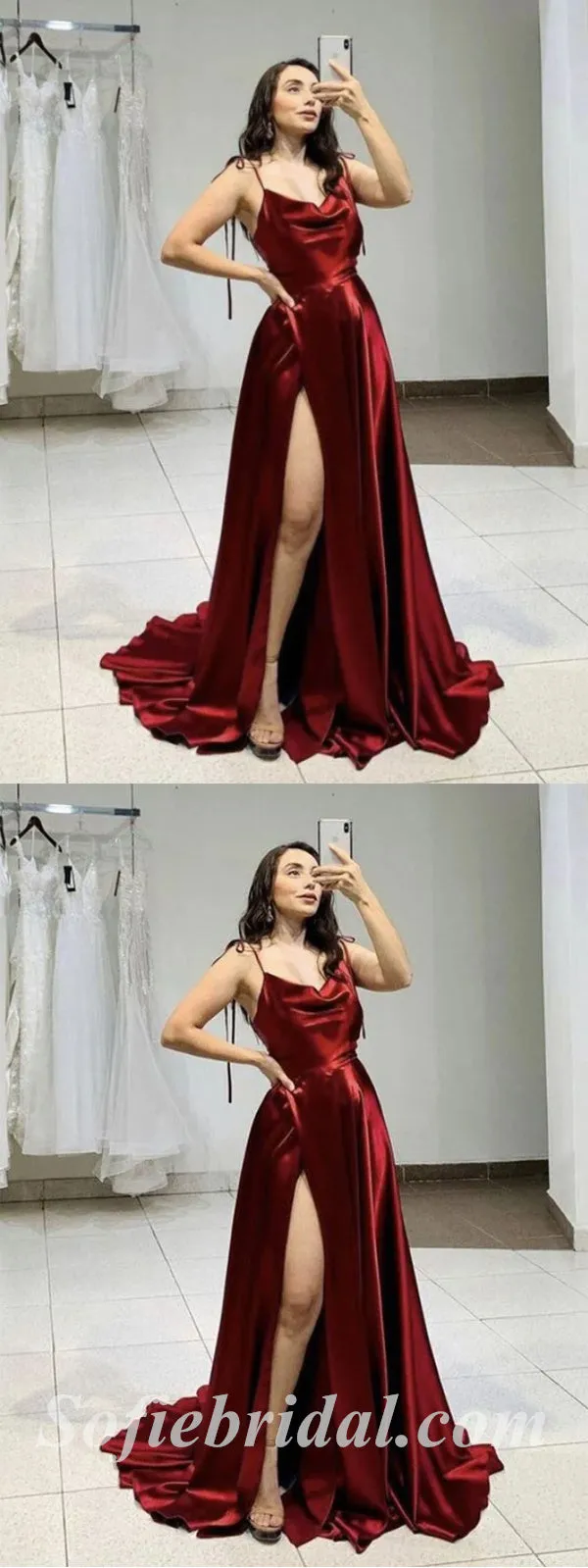 Sexy Burgandy Satin Spaghetti Sptraps Sleeveless Side Slit A-Line Long Prom Dresses,SFPD0508
