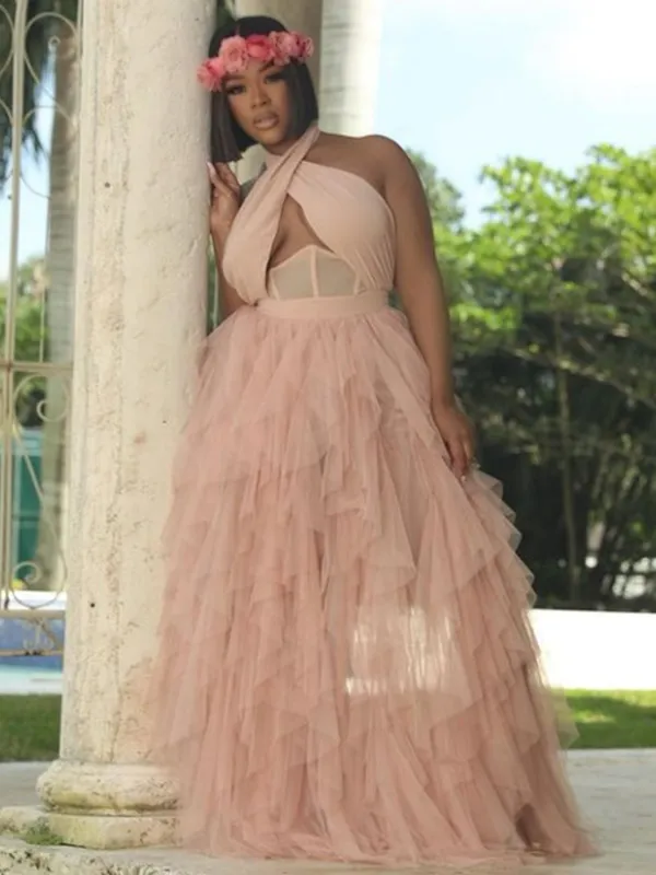 Sexy Cross-halter Strap Hollow A-line Tulle Long Prom Dress, PD03037