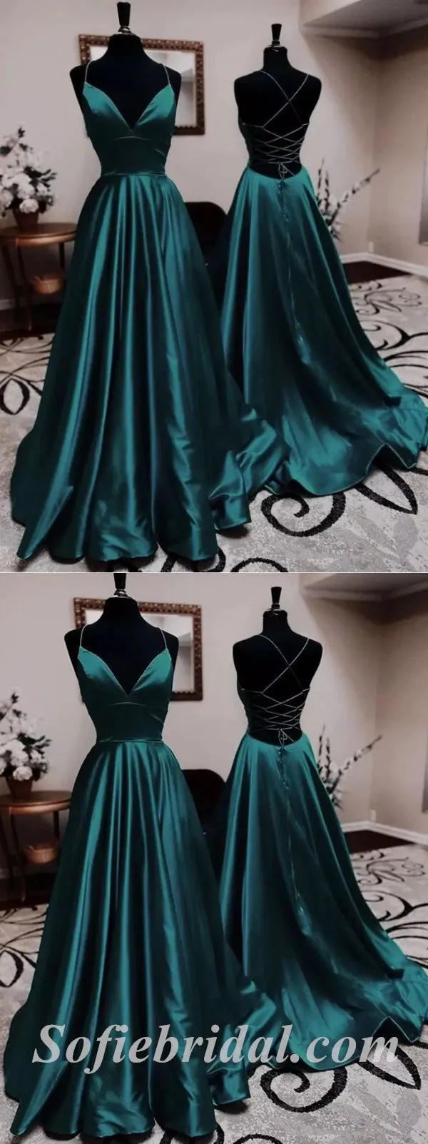 Sexy Dark Green Satin Halter V-Neck Sleeveless Lace Up Back A-Line Long Prom Dresses,SFPD0386