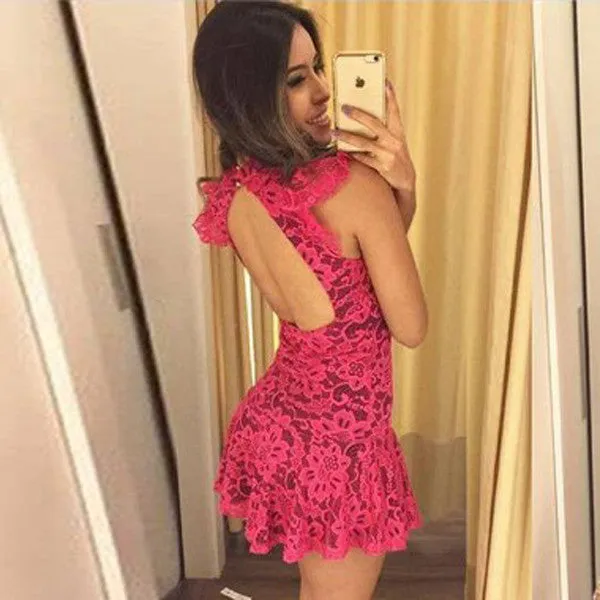 Sexy High Neck Bodycon Keyhole Back Appliques Cheap Homecoming Dress,Party Dress SH182