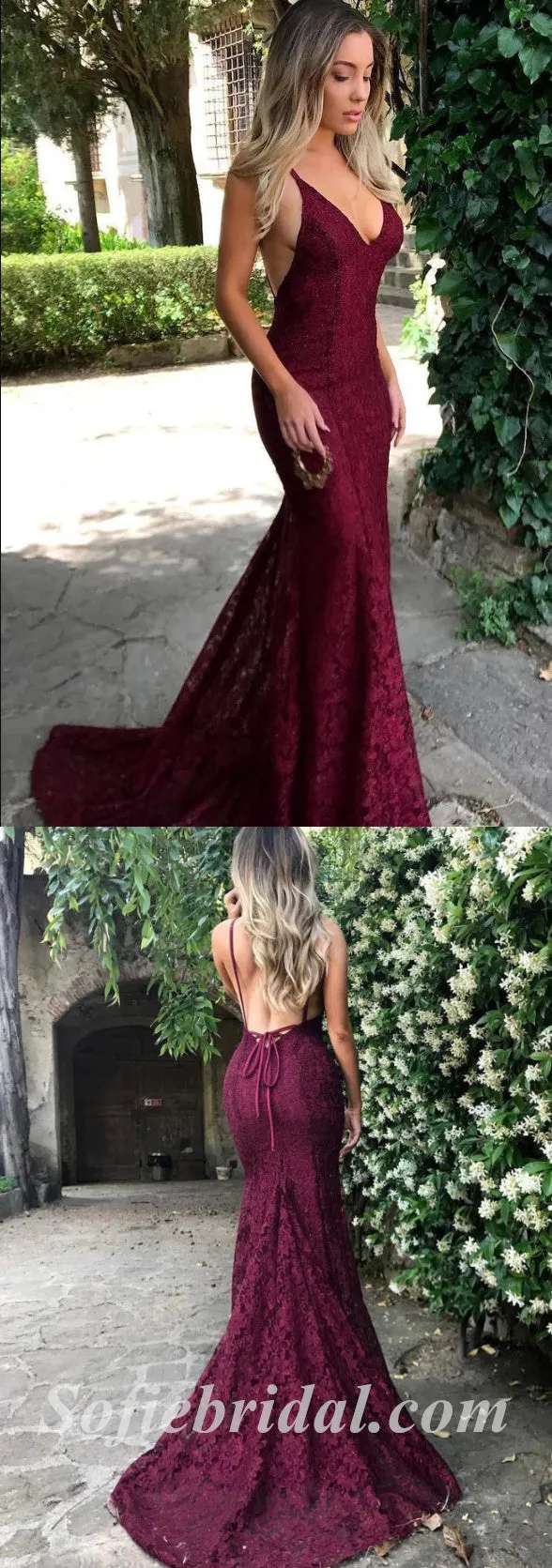 Sexy Lace Spaghetti Straps V-Neck Sleeveless Open Back Mermaid Long Prom Dresses,SFPD0443