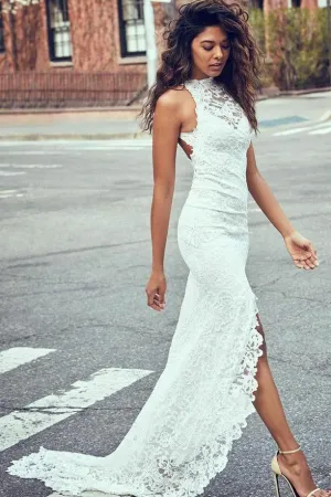 Sexy Mermaid High-Neck Sleeveless Lace Backless Wedding Dress,Modest Bride Gowns OKC49