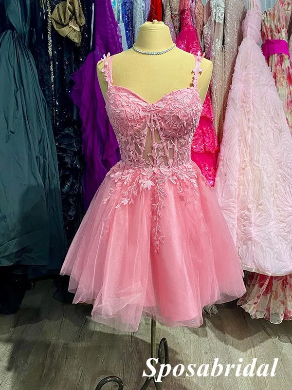 Sexy Pink Tulle And Lace Spaghetti Straps V-Neck Sleeveless Criss Cross A-Line Mini Dresses/ Homecoming Dresses, PD3631