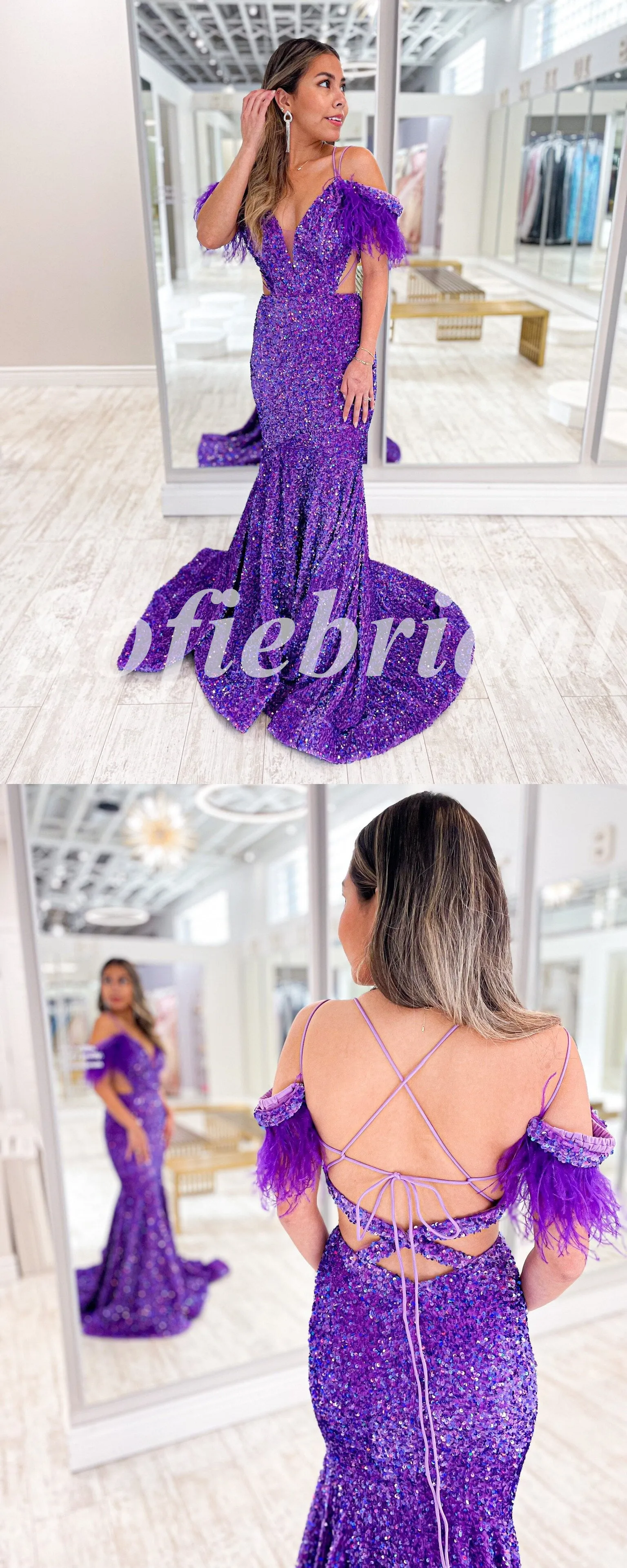 Sexy Sequin Cold Shoulder V-Neck Criss Cross Lace Up Mermaid Long Prom Dresses With Feather,SFPD0644