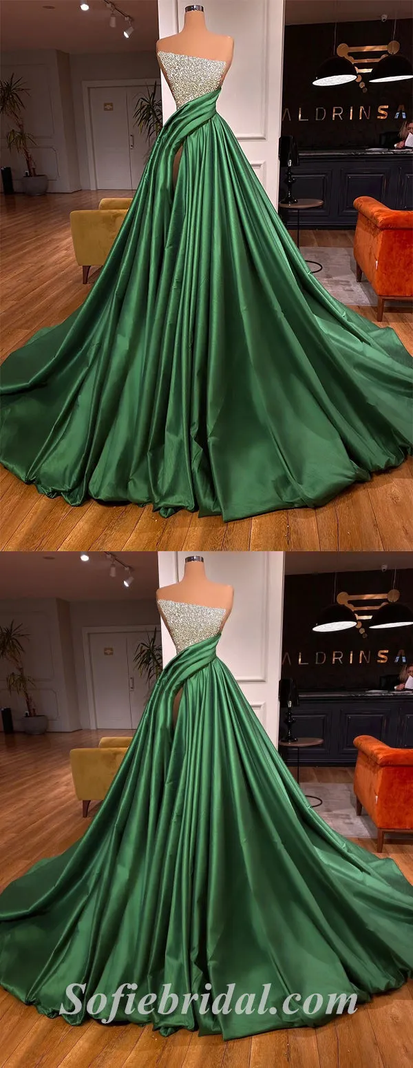 Sexy Sequin Top Satin Bottom Sweetheart Sleeveless Side Slit A-Line Long Prom Dresses,SFPD0467