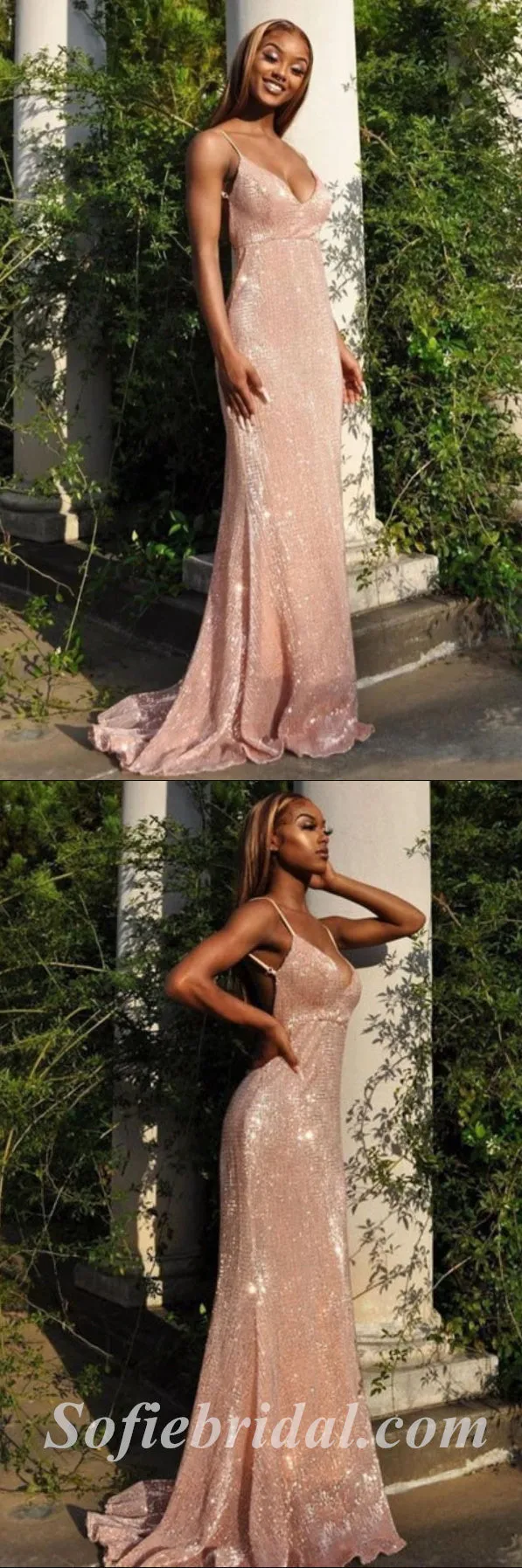 Sexy Sequin Tulle Spaghetti Straps V-Neck Sleeveless Mermaid Long Prom Dresses,SFPD0492