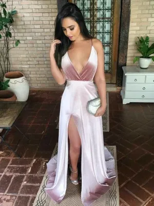 Sexy Spaghetti Strap Blush Pink Velvet Prom/Evening/Bridesmaid Gowns with High Slit