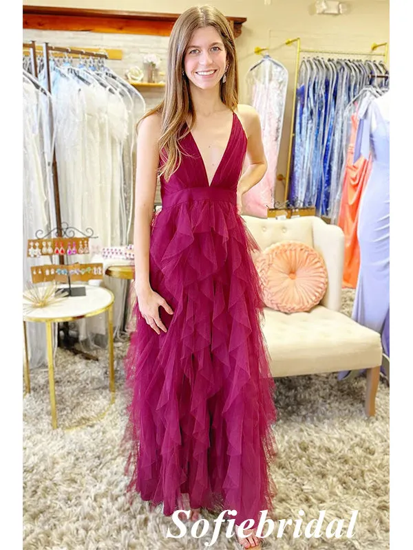 Sexy Tule Spaghetti Straps V-Neck Sleeveless Criss-Cross A-Line Long Prom Dresses, PD01009
