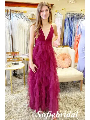 Sexy Tule Spaghetti Straps V-Neck Sleeveless Criss-Cross A-Line Long Prom Dresses, PD01009