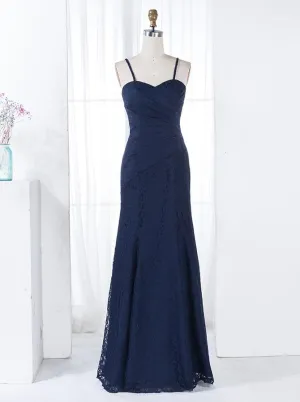 Sheath Spaghetti Straps Floor Length Ruched Navy Lace Bridesmaid Dress (BMA2011L)
