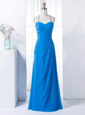 Sheath Spaghetti Straps Ruched Blue Chiffon Bridesmaid Dress with Beading (BMA209L)