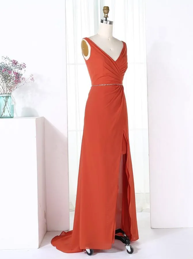 Sheath V-Neck Sweep Train Red Chiffon Long Bridesmaid Dress with Split (BMA202L)