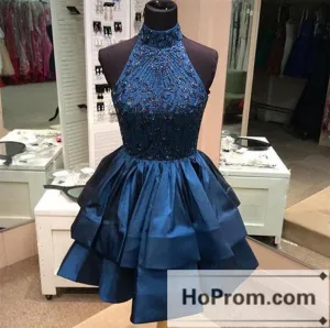 Short High Neck Dark Navy Prom Dresses Homecoming Dresses