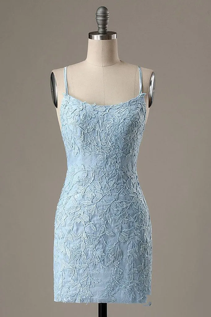 Short Light Blue Sheath Lace Prom Dresses, Tight Graduation Homecoming Dress OKX52