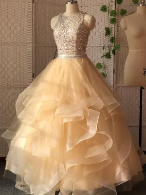 Simple Scoop Neck A-line Tulle Sequin Long Prom Dresses Online,SFPD0107
