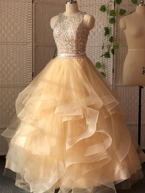 Simple Scoop Neck A-line Tulle Sequin Long Prom Dresses Online,SFPD0107