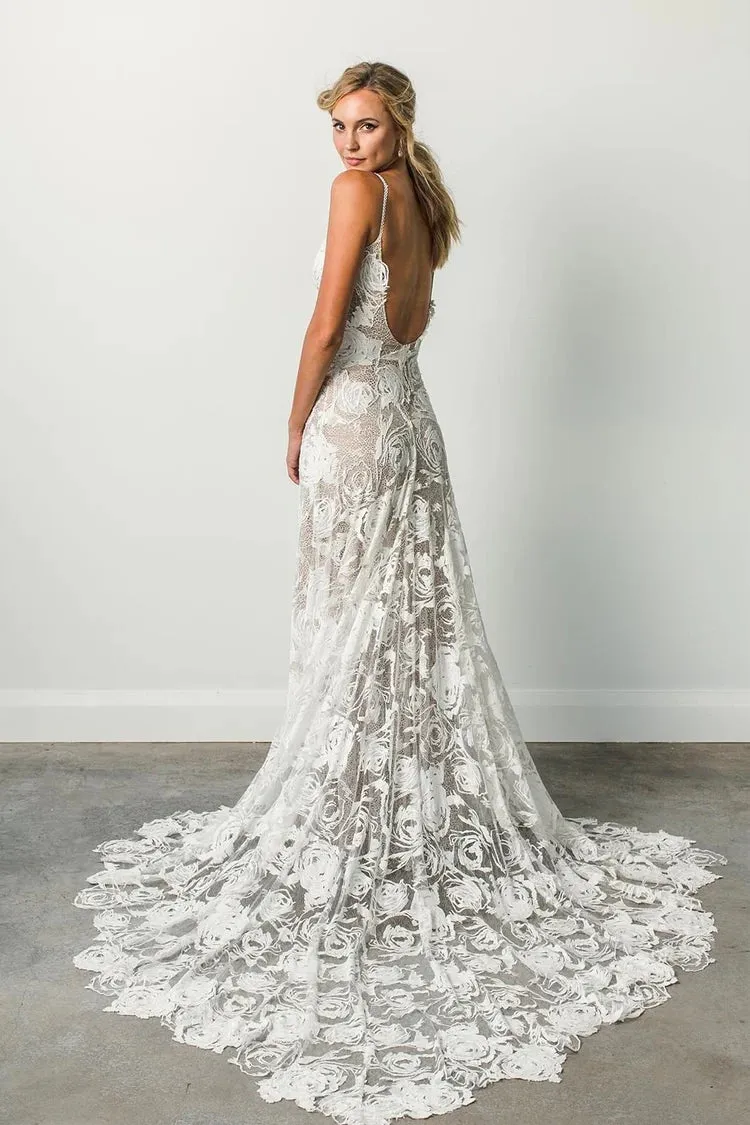 Spaghetti Straps Backless Long Ivory Lace Beach Wedding Dresses TN390