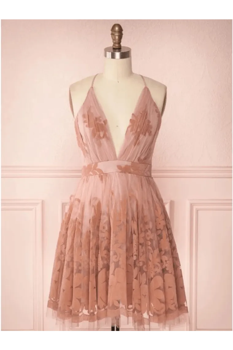 Spaghetti Straps Short Pink Homecoming Dress Criss Cross Back HD0095