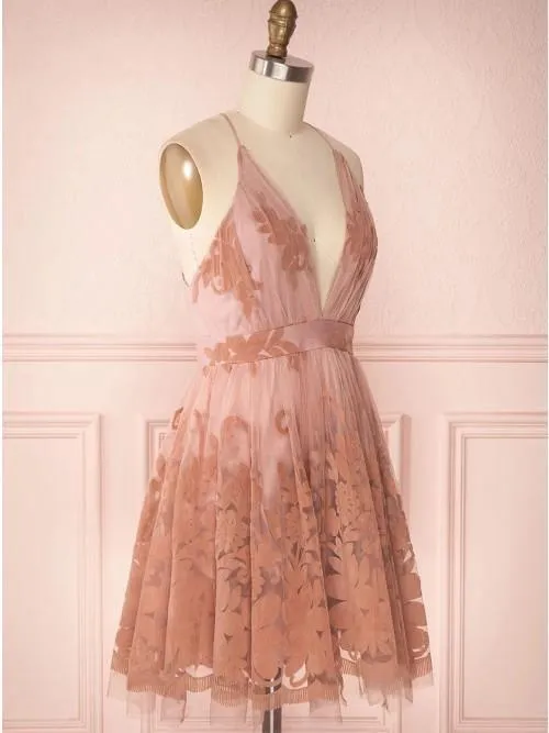 Spaghetti Straps Short Pink Homecoming Dress Criss Cross Back HD0095