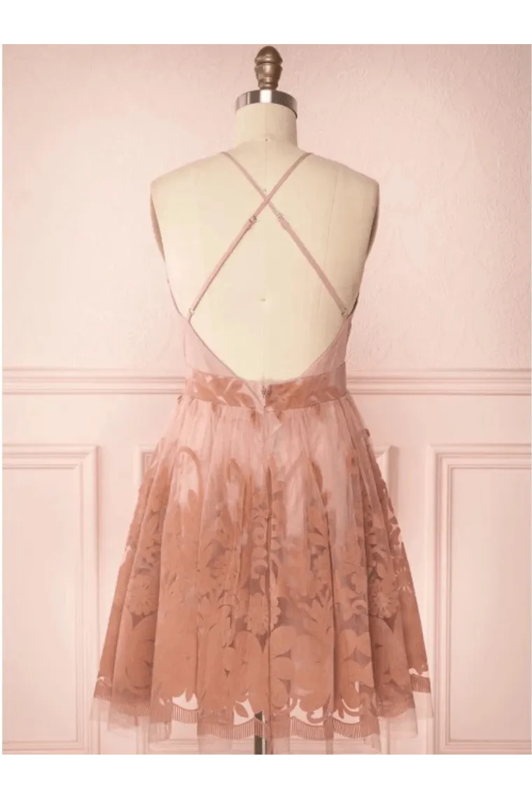 Spaghetti Straps Short Pink Homecoming Dress Criss Cross Back HD0095