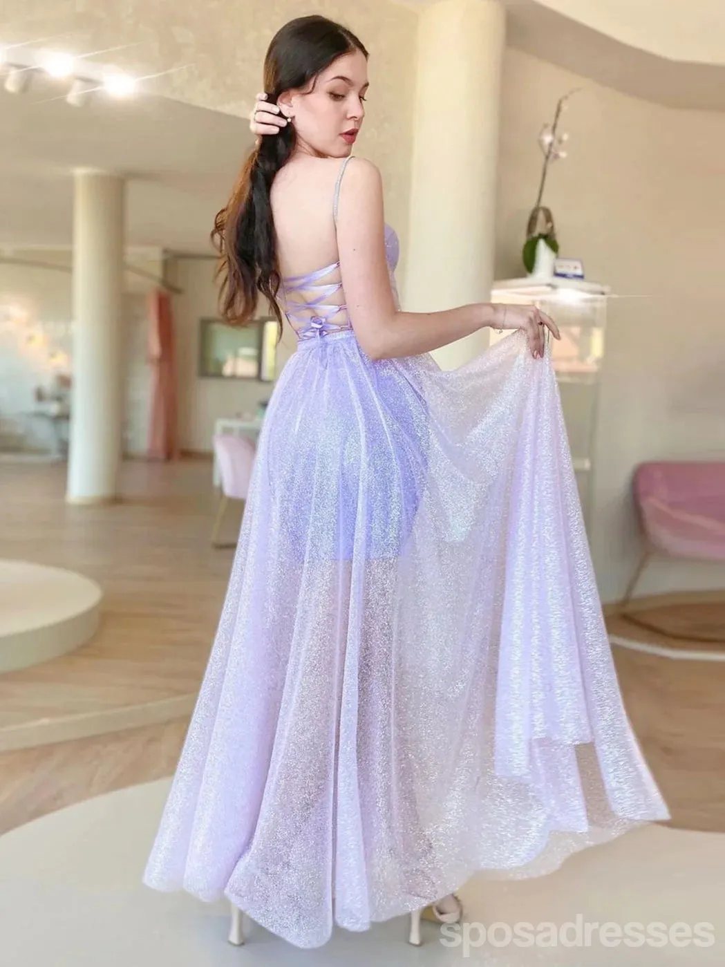 Sparkly A-line Spaghetti Straps High Slit Maxi Long Prom Dresses,13268