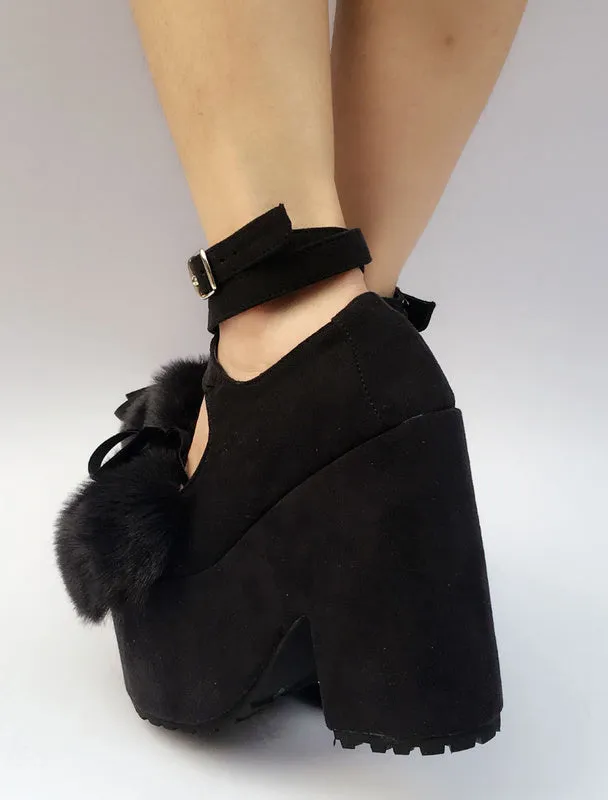 Suede Lolita Shoes Black Platform Chunky Heel Faux Fur Bow Cross Front Ankle Strap Lolita Pumps