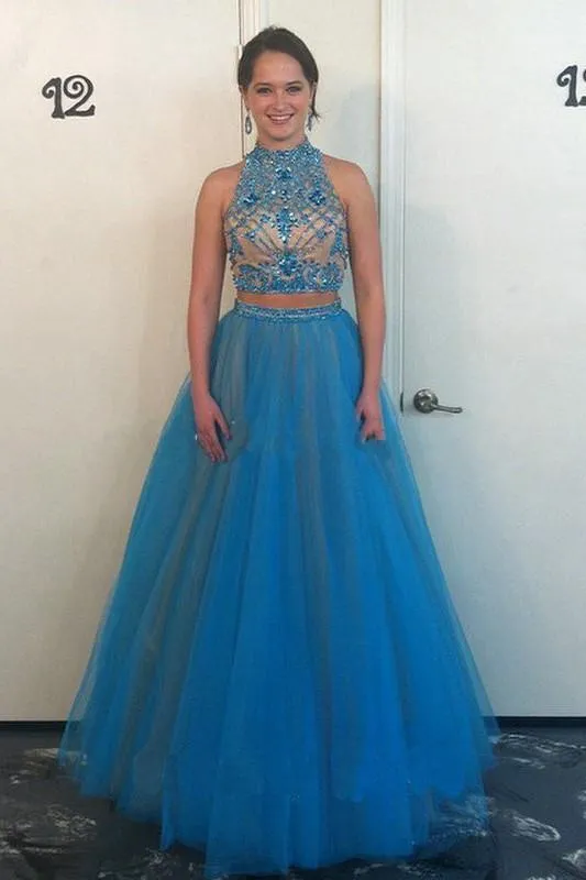 Two Piece High Neck Backless Lavender Long Prom Dress, Evening Dress with Beading, MP103